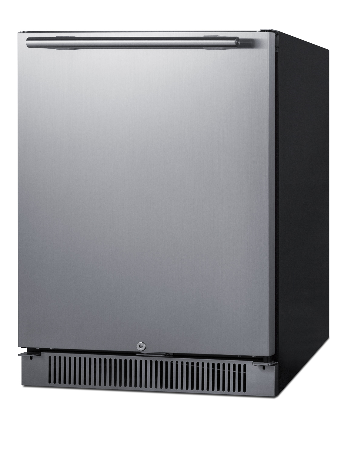 Outdoor all-refrigerator with stainless steel door, black cabinet, white interior digital thermostat, LED lighting, door storage, and lock